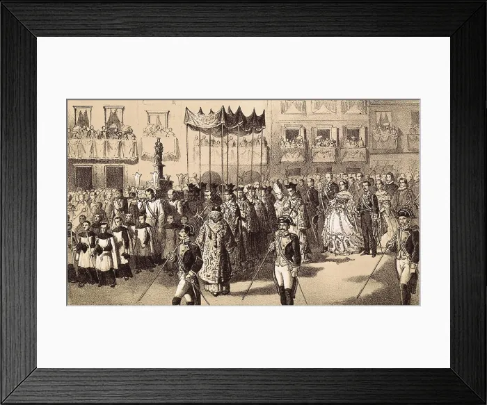 Framed Print : Spain (19th c.). The kings of Spain Isabella II and Francis at the procession of El Pilar in Saragossa. Illustration by Vicente Urrabieta. Litography. SPAIN. Madrid