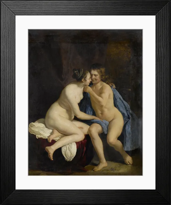 Framed Print : Lovers, by Jacob van Loo, 1650-60, Dutch painting, oil on canvas. Unclothed young man and woman caressing