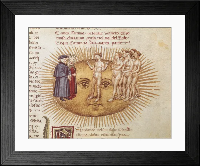 Framed Print : The Divine Comedy. s.XIV. Dante and Beatrice in the sun with the theologians. Gothic art. Miniature Painting. ITALY. Florence. Biblioteca Medicea Laurenziana (Laurentian Library) Framed Print : The Divine Comedy. s.XIV. Dante and Beatrice in the sun with the theologians. Gothic art. Miniature Painting. ITALY. Florence. Biblioteca Medicea Laurenziana (Laurentian Library)