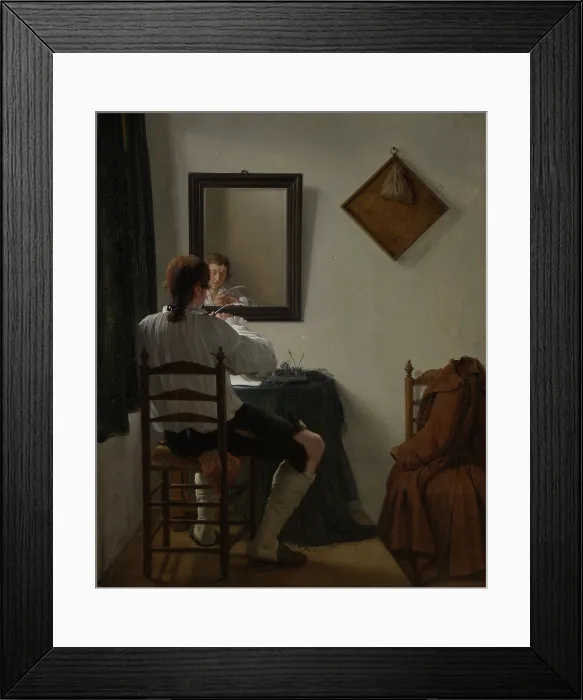 Framed Print : A Writer Trimming his Pen, by Jan Ekels (II), 1784, Dutch painting, oil on panel. A writer cuts his pen in a corner of a small room