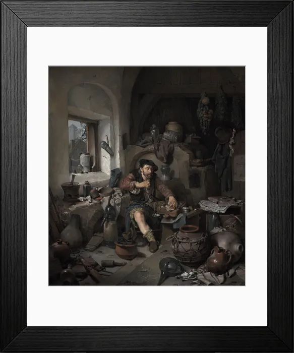 Framed Print : The Alchemist, by Cornelis Bega, 1663, Dutch painting, oil on canvas. Unkempt figure of an alchemist sits among a chaotic jumble of paraphernalia