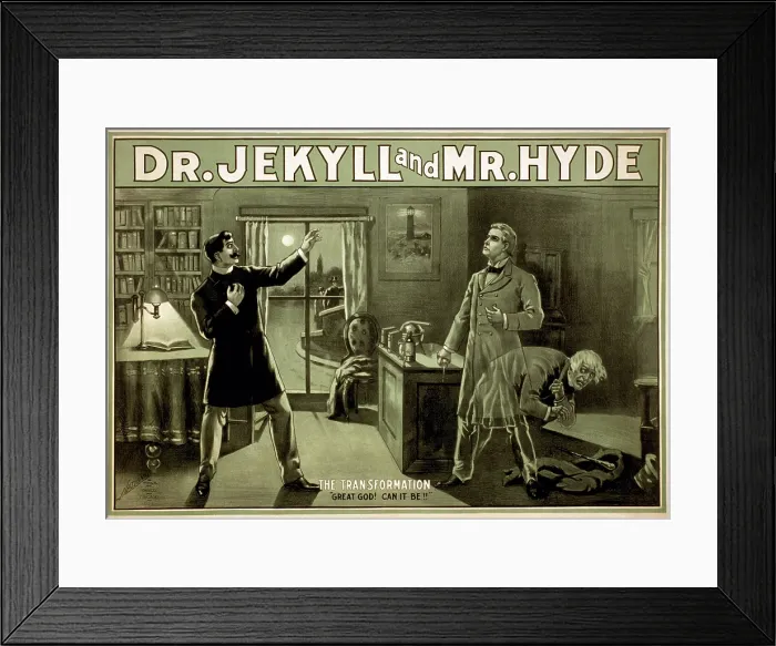 Framed Print : Theatrical poster shows the lawyer Utterson observing the Dr. Jekyll undergoing metamorphosis into Mr. Hyde Framed Print : Theatrical poster shows the lawyer Utterson observing the Dr. Jekyll undergoing metamorphosis into Mr. Hyde