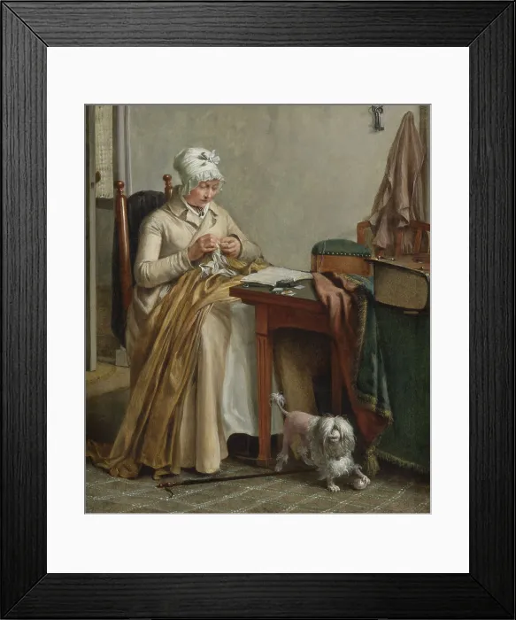 Framed Print : Interior with Woman Sewing, by Wybrand Hendriks, 1800-10, Dutch painting, oil on panel. Woman sewing a hem and at the same time reading from an open book