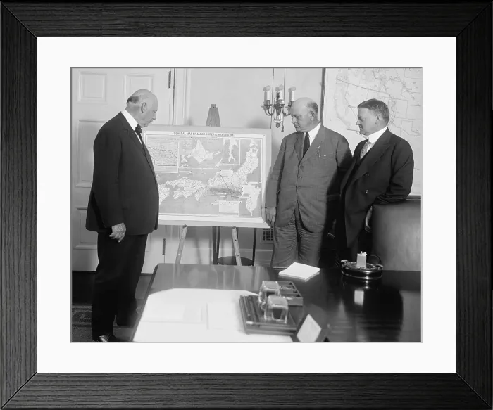 Framed Print : Sec. of War, John Weeks, Sec. of Navy, Edwin Denby, and Sec. of Commerce, Herbert Hoover, study a map of Japan, Korea, and Manchuria Framed Print : Sec. of War, John Weeks, Sec. of Navy, Edwin Denby, and Sec. of Commerce, Herbert Hoover, study a map of Japan, Korea, and Manchuria