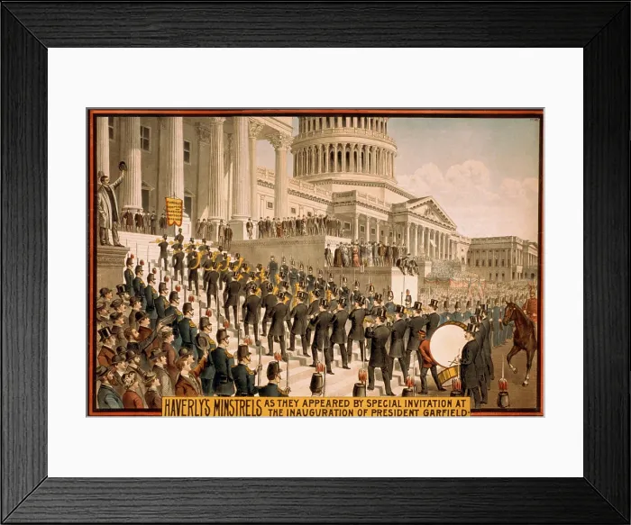 Framed Print : The inauguration of President Garfield in 1881 included a performance of the Haverly's Minstrels. 1898 lithograph Framed Print : The inauguration of President Garfield in 1881 included a performance of the Haverly's Minstrels. 1898 lithograph