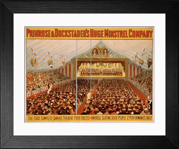 Framed Print : American theater used railroads to transport circus tent like theaters to audiences across the country. This minstrel show tent could seat 3000 people. Ca. 1900