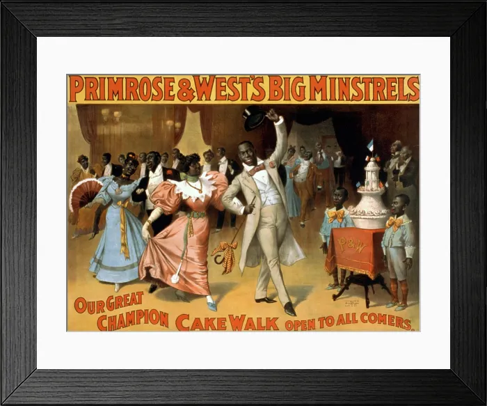 Framed Print : Minstrels, whites in blackface, doing the Cake Walk. Couples high stepped and strutted, competing for the winners cake