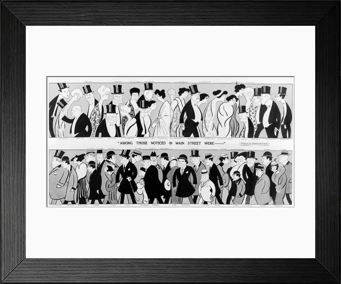 Framed Print : 1915 caricatures of famous New Yorkers by Marius de Zayas. The top row shows the wealthy and social prominent, while the bottom features entertainment and literary celebrities