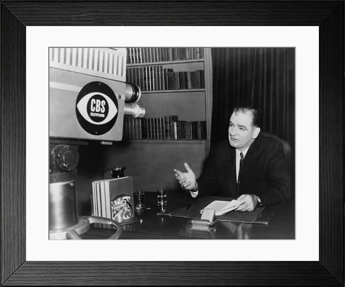 Framed Print : Wisconsin Senator Joseph McCarthy (1908-1957), speaking in front of a CBS camera in New York at the height of his fame and influence. 1953