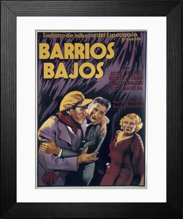 Framed Print : Spanish Civil War. Poster of the 1937's film 'Barrios bajos' ('Poor neighbourhoods') by filmaker Pedro Puche Framed Print : Spanish Civil War. Poster of the 1937's film 'Barrios bajos' ('Poor neighbourhoods') by filmaker Pedro Puche