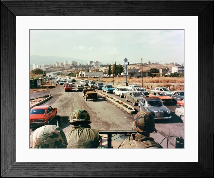 Framed Print : US Marines patrol the streets of Beirut Lebanon in a truck during a multinational peacekeeping operation. 1983. (BSLOC_2011_12_179)