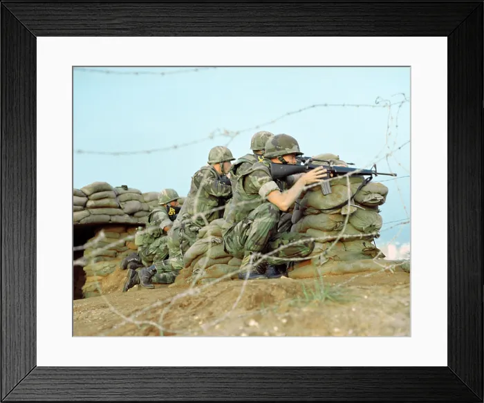 Framed Print : Marines take cover behind sandbags during an attack in Beirut Lebanon
