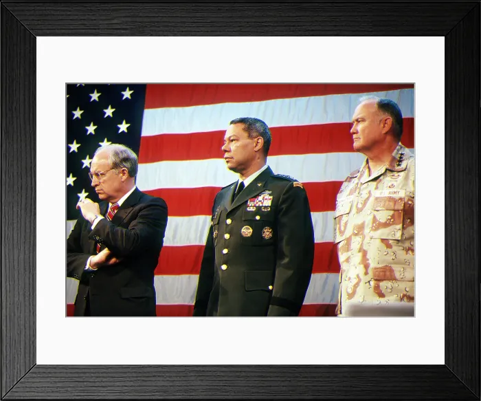 Framed Print : Secretary of Defense Richard Cheney Gen. Colin Powell Chairman Joint Chiefs of Staff and Gen. Norman Schwarzkopf Commander U.S