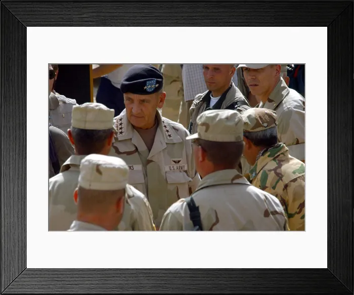 Framed Print : Army General Tommy R. Franks center Commander of coalition forces greets soldiers while visiting at Bagram Air Base Afghanistan on Aug Framed Print : Army General Tommy R. Franks center Commander of coalition forces greets soldiers while visiting at Bagram Air Base Afghanistan on Aug