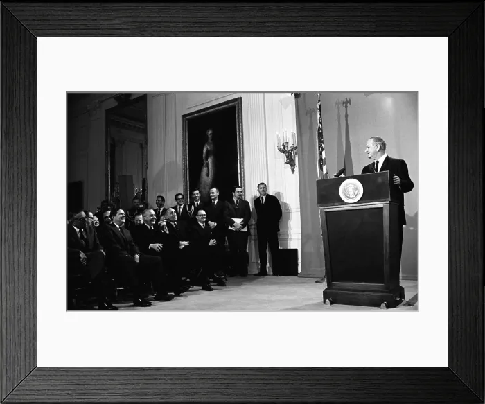 Framed Print : LBJ's Great Society programs. President Lyndon Johnson delivering remarks prior to signing the Public Broadcasting Act of 1967