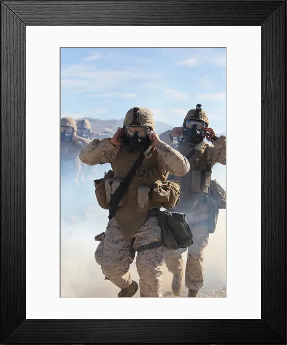Framed Print : US Marines and sailors in full protective gear marching through the cloud of gas to test with their new gear. Jan 26 2011. (BSLOC_2011_12_264)