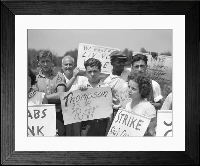 Framed Print : Striking farm workers picketing the King Farm near Morrisville, PA. Aug. 1938. The racially integrated group of men and women hold homemade signs. (BSLOC_2013_6_89)