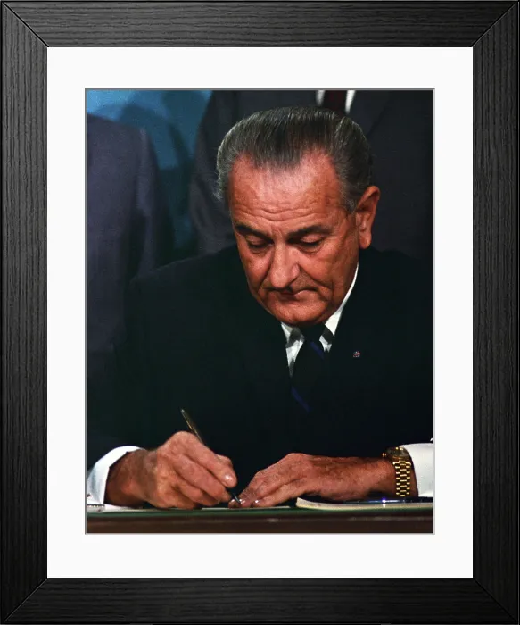 Framed Print : LBJ's Great Society programs. President Lyndon Johnson signing of Public Broadcasting Act of 1967, which created the Public Broadcasting Corporation. Nov. 7, 1967