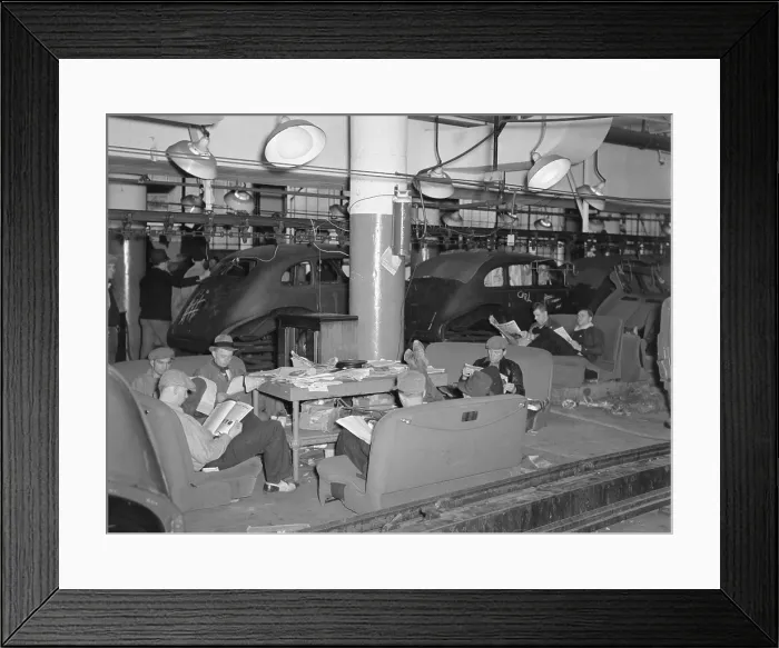 Framed Print : Sit-down strikers in the General Motors Fisher body factory #3 in Flint, Michigan. 1933. The United Automobile Workers (UAW) emerged from the strike as a powerful labor union