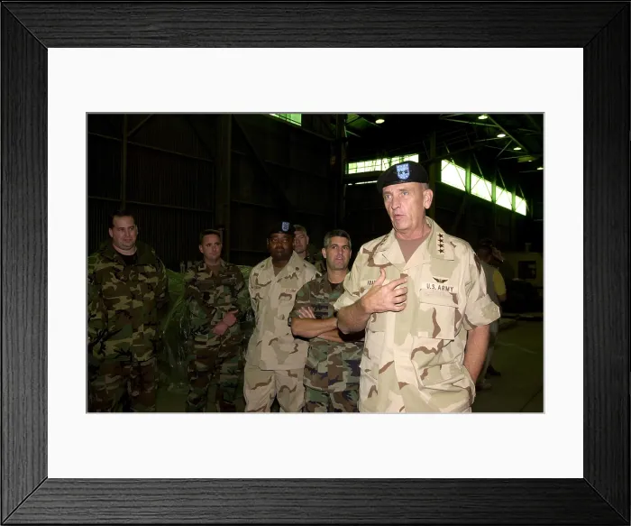 Framed Print : General Tommy Franks Commander of U.S. Central Command in Afghanistan chats with U.S. Air Force troops deployed to Moron Air Base Spain on Nov