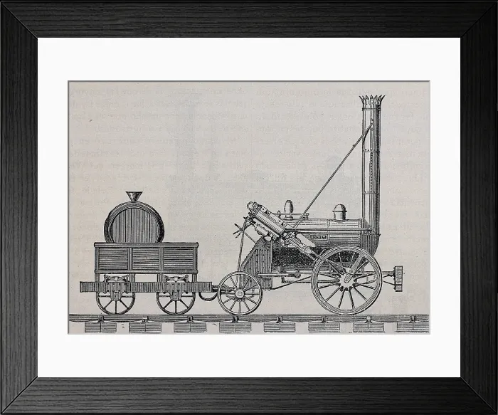 Framed Print : Rocket steam engine designed by Stephenson, founder of the first factory in the world producing steam locomotives. Engraving. SPAIN. Madrid