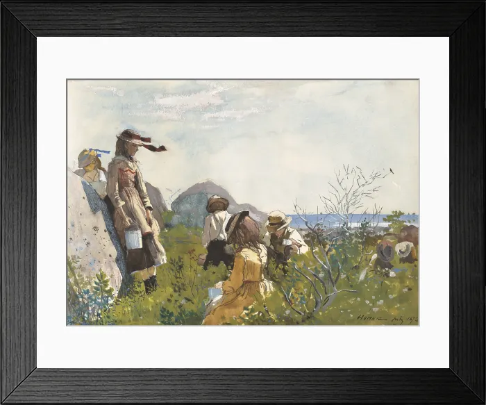 Framed Print : Berry Pickers, by Winslow Homer, 1873, American painting, watercolor on paper. Seven children with metal pails pick berries on the seashore (BSLOC_2016_6_193) Framed Print : Berry Pickers, by Winslow Homer, 1873, American painting, watercolor on paper. Seven children with metal pails pick berries on the seashore (BSLOC_2016_6_193)