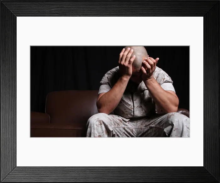 Framed Print : Dramatization of a US Marine affected by post traumatic stress disorder which is experienced by many soldiers long after the danger of combat is over. (BSLOC_2011_12_360) Framed Print : Dramatization of a US Marine affected by post traumatic stress disorder which is experienced by many soldiers long after the danger of combat is over. (BSLOC_2011_12_360)