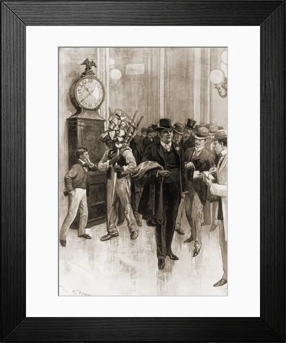 Framed Print : Mark A. Hanna, wealthy new Senator from Ohio, being interviewed by two reporters in U.S. Capitol. In the background, an African American laborer carries firewood. March 1897 Framed Print : Mark A. Hanna, wealthy new Senator from Ohio, being interviewed by two reporters in U.S. Capitol. In the background, an African American laborer carries firewood. March 1897