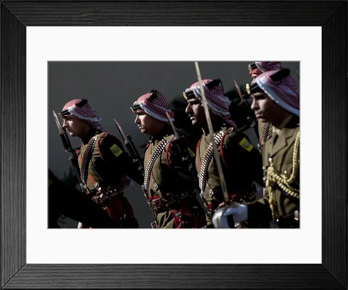 Framed Print : Jordanian Honor Guardsmen welcome Admiral Mike Mullen during an arrival ceremony in Amman Jordan Feb. 16 2010. (BSLOC_2011_12_328)