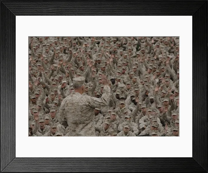 Framed Print : General James Conway Marine Corps Commandant administers the Marine oath of enlistment during a mass reenlistment ceremony. Ca. 2010. (BSLOC_2011_12_330) Framed Print : General James Conway Marine Corps Commandant administers the Marine oath of enlistment during a mass reenlistment ceremony. Ca. 2010. (BSLOC_2011_12_330)