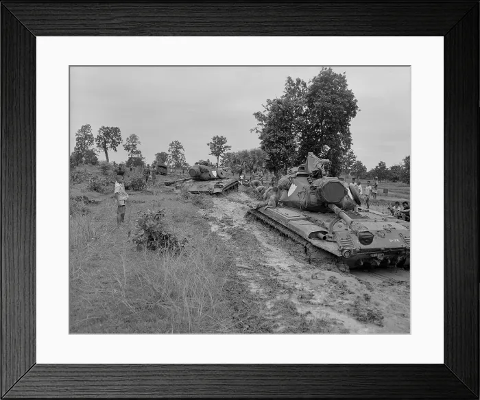 Framed Print : Vietnam War. Two US Marine tanks stuck in deep mud in northeastern Thailand during Operation Bold Mariner