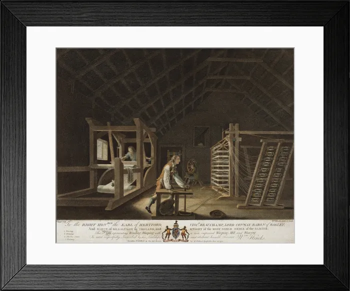 Framed Print : Irish Linen manufacture, 1781. Interior view of a mill where three men are engaged in winding, warping, and weaving yarn Framed Print : Irish Linen manufacture, 1781. Interior view of a mill where three men are engaged in winding, warping, and weaving yarn