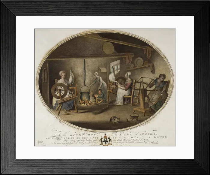 Framed Print : Irish Linen manufacture, 1782. Workshop in a dwelling where four women are using time traditional methods of spinning, reeling, and boiling yarn Framed Print : Irish Linen manufacture, 1782. Workshop in a dwelling where four women are using time traditional methods of spinning, reeling, and boiling yarn