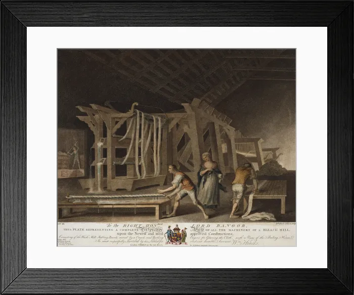 Framed Print : Irish Linen manufacture, 1782. Interior view of a bleach mill where three men and a woman are washing, rubbing, glazing and boiling linen fabric