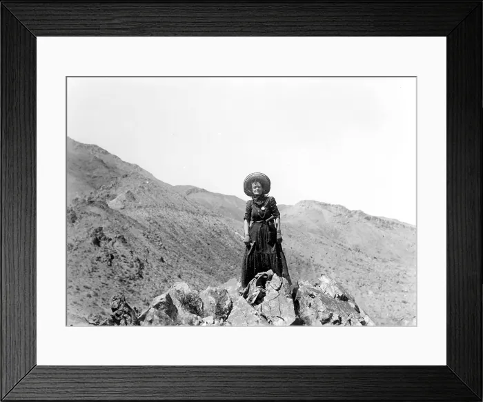 Framed Print : Prospector Mrs. Clara Dunwoody on her variscite mining claim near Sodaville in Mineral County, Nevada. May 1910. Variscite is a semi-precious stone similar to turquoise Framed Print : Prospector Mrs. Clara Dunwoody on her variscite mining claim near Sodaville in Mineral County, Nevada. May 1910. Variscite is a semi-precious stone similar to turquoise