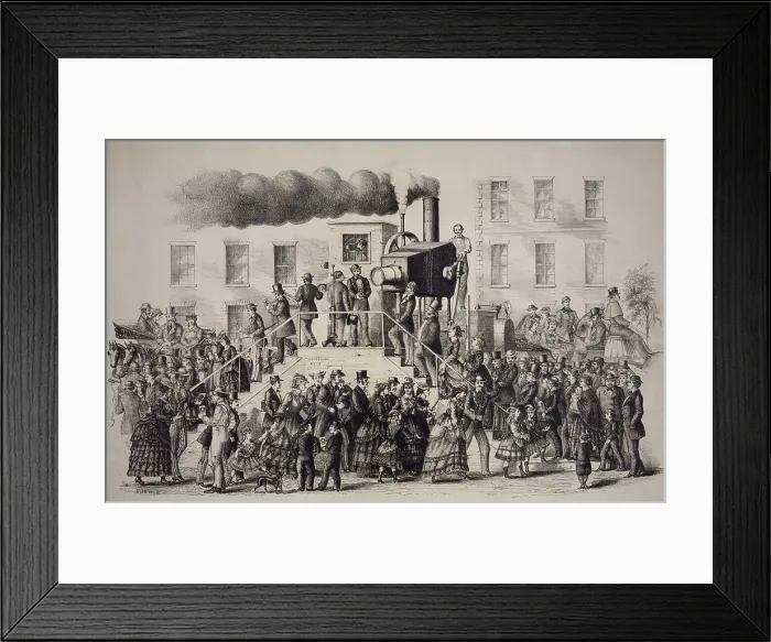 Framed Print : American print about the fad of photography, showing a large steam powered camera taking and developing photographs instantly. 1871 Framed Print : American print about the fad of photography, showing a large steam powered camera taking and developing photographs instantly. 1871