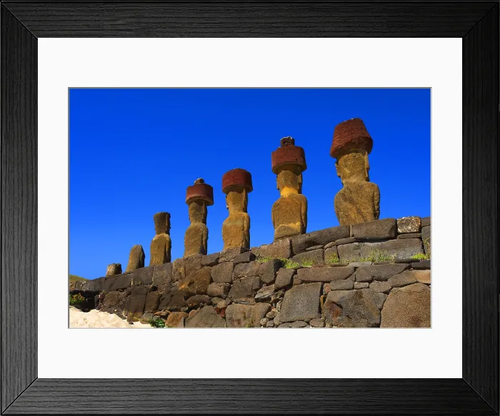 Framed Print : CHILE. VALPARAISO. Ahu Tongariki. Easter Island. Rapa Nui National Park. Anakena beach. Ahu Nau Nau, restored moais by the Norwegian explorer Thor Heyerdal. Art of Oceania Framed Print : CHILE. VALPARAISO. Ahu Tongariki. Easter Island. Rapa Nui National Park. Anakena beach. Ahu Nau Nau, restored moais by the Norwegian explorer Thor Heyerdal. Art of Oceania