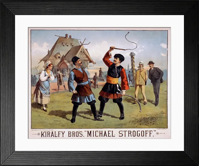 Framed Print : 1882 Poster for MICHAEL STROGOFF; THE COURIER OF THE CZAR, shows the five main characters: Maria, Storgoff, Feofar Khan, and the two reporters, Englishman Framed Print : 1882 Poster for MICHAEL STROGOFF; THE COURIER OF THE CZAR, shows the five main characters: Maria, Storgoff, Feofar Khan, and the two reporters, Englishman