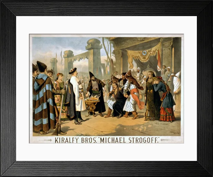 Framed Print : 1882 Poster for MICHAEL STORGOFF; THE COURIER OF THE CZAR, shows the scene in which the Tatar king Feofar Khan prepares to blind Michael Strogoff with a hot iron