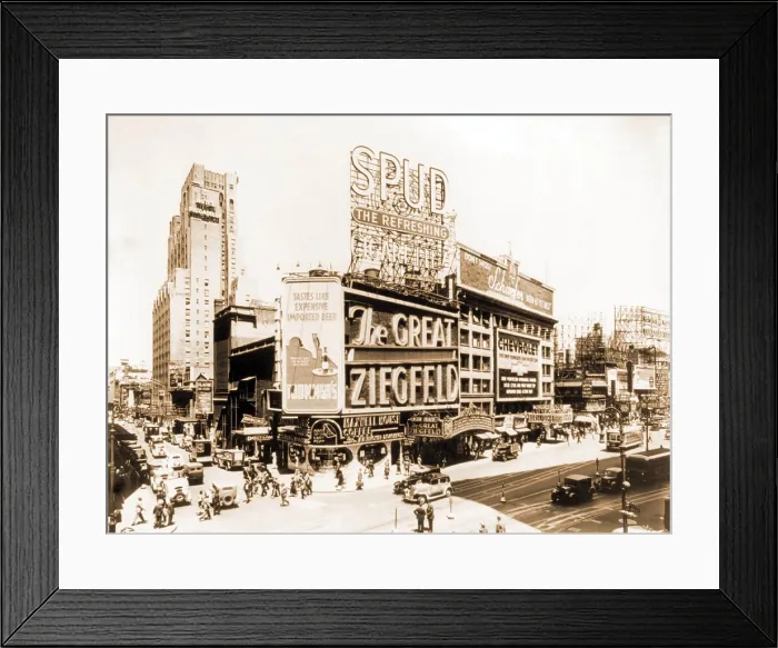 Framed Print : The marquee of the Astor Theater on Broadway at 57th street advertised the 1936 biopic, THE GREAT ZIEGFELD, staring Luise Rainer, William Powell, and Myrna Loy. 1936