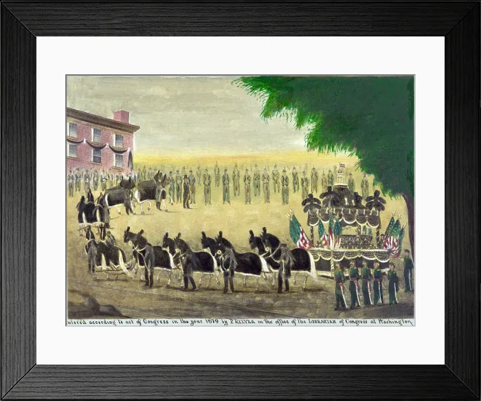 Framed Print : Abraham Lincoln's funeral car in New York City on April 26th, 1865 in folk art style painting