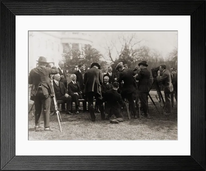 Framed Print : Warren G. Harding (1865-1923), with members of his cabinet and photographers on the White House lawn. Standing at left are Albert Fall and Will Hays