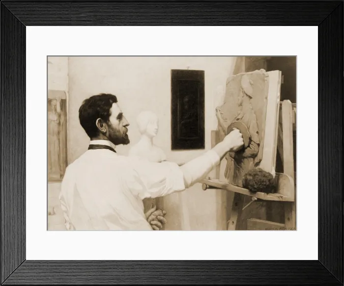 Framed Print : Augustus St. Gaudens (1848-1907), American sculptor working in his studio. Engraving of a portrait by Kenyon Cox, 1908