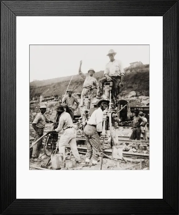 Framed Print : Afro-Panamanian construction workers boring through rock with tripod drills during the construction of the Upper Miraflores locks in 1910 Framed Print : Afro-Panamanian construction workers boring through rock with tripod drills during the construction of the Upper Miraflores locks in 1910
