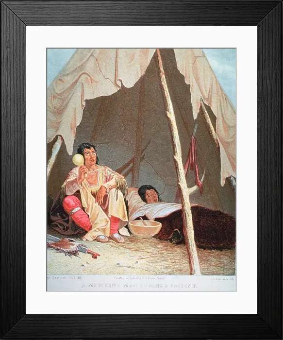Framed Print : A Medicine Man Curing a Patient, by Seth Eastman, shows a shaman (medicine man) in a tepee with his patient