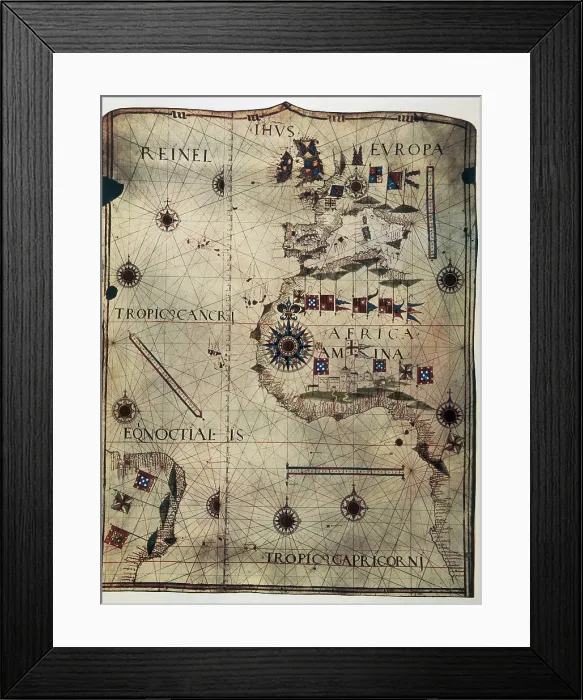Framed Print : Nautical chart depicting the West Coast of Africa, Brazil, the North Atlantic Ocean and the South Atlantic Ocean, by Jorge Reinel. 1535