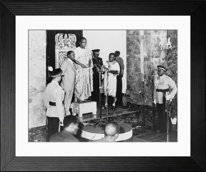 Framed Print : Kwame Nkrumah (1909-1972), standing on stool, at his inauguration as the first president of the Republic of Ghana in Accra in 1960