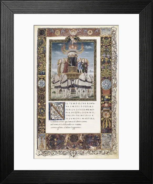 Framed Print : PETRARCH (1304-1374). Italian humanist and poet. 'Sonnets, Songs and Triumphs'. Miniature with the Triumph of Love (15th c.). Renaissance art. Quattrocento