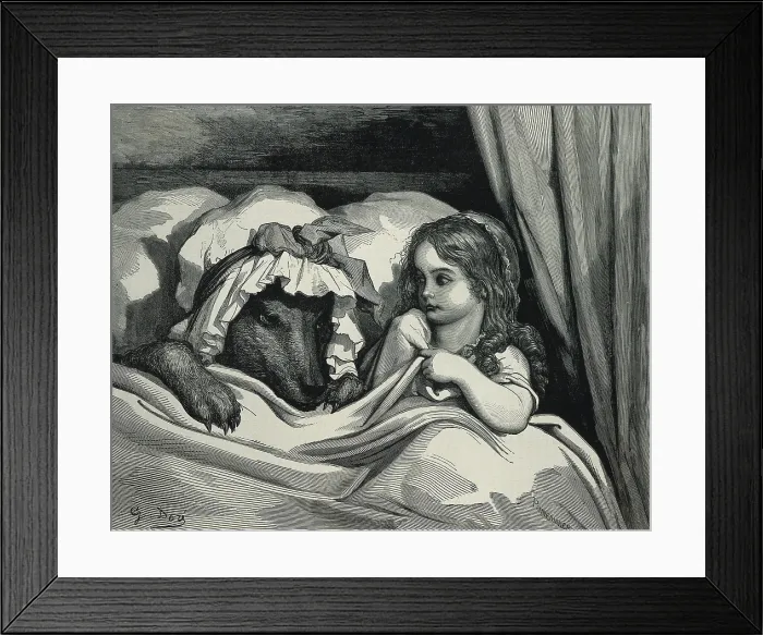 Framed Print : PERRAULT, Charles (1628-1703); Dore, Paul Gustave (1832-1883). Little Red Riding Hood. 1882. Little Red Riding Hood and the wolf dressed as her grandmother. Etching. FRANCE