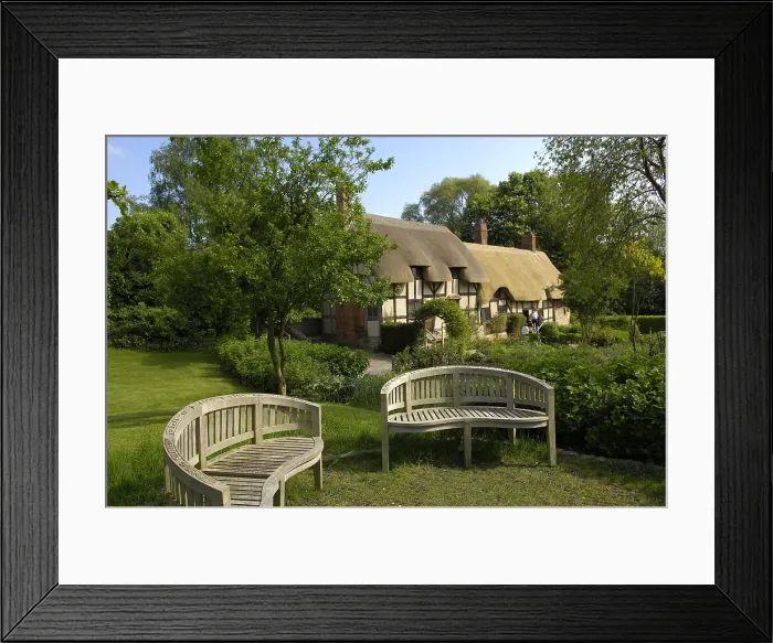 Framed Print : UNITED KINGDOM. ENGLAND. Stratford-Upon-Avon. Anne Hathaway's farmhouse (wife of Shakespeare)called Hewland Farm in Shottery. Bench in the garden